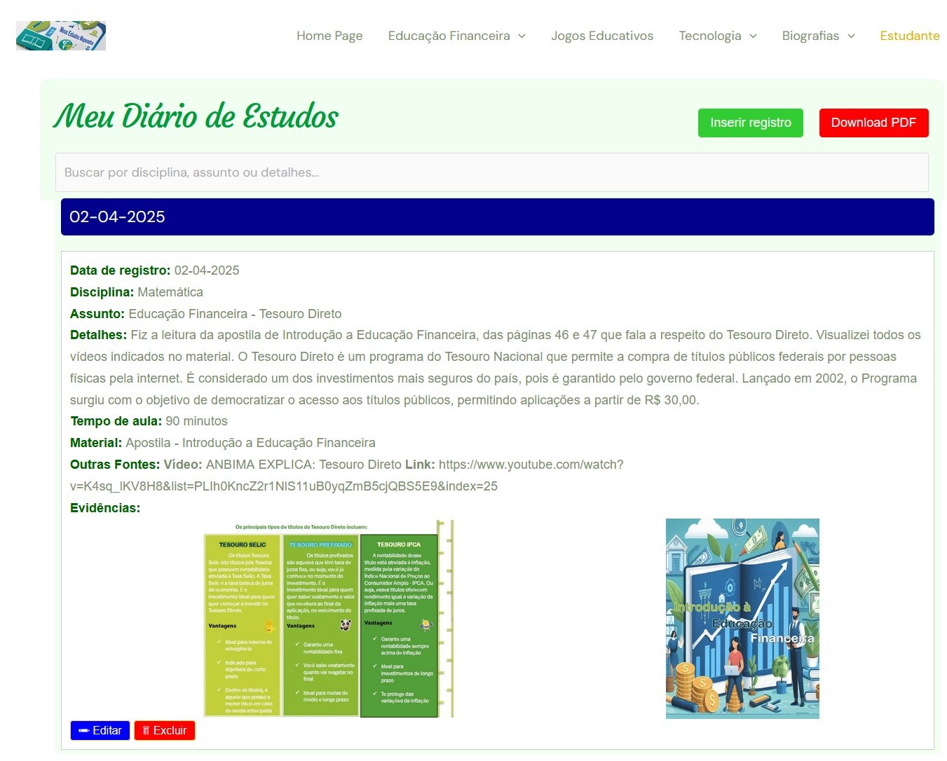 Listagem do diário de estudos