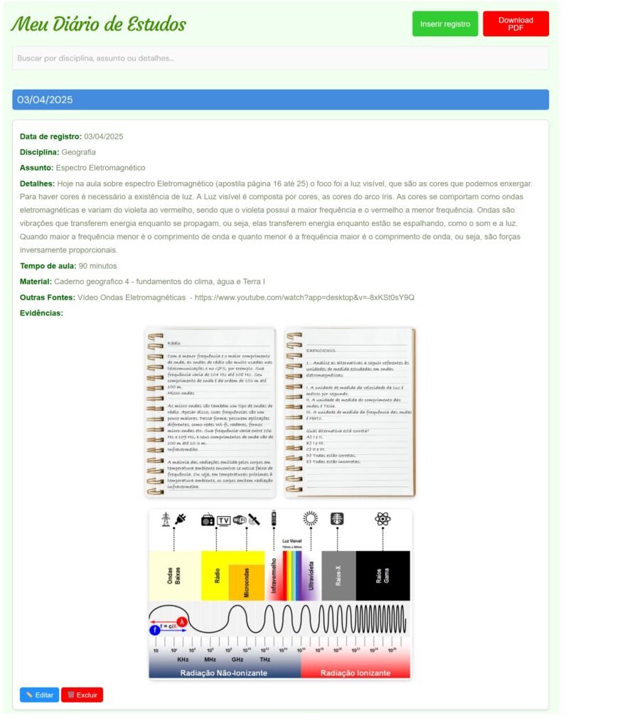 Demonstração diário de estudos
