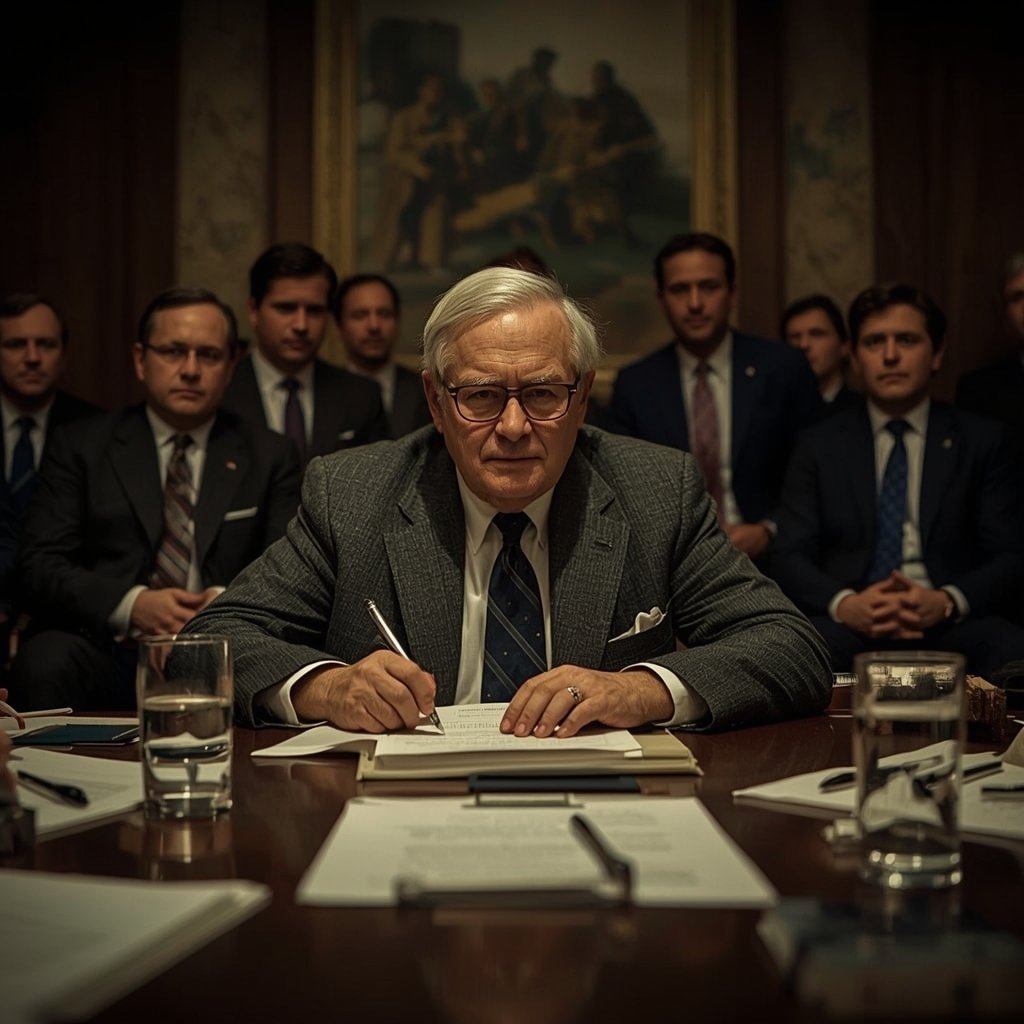 Imagem gerada por I.A.
Warren Buffett em um momento icônico: assumindo o controle da Berkshire Hathaway nos anos 1960.